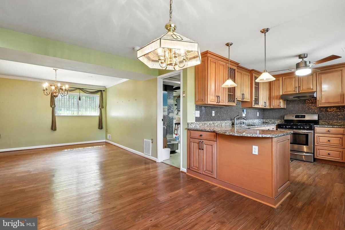 Chandelier, Interior, Kitchen, Pendant Lights, Stainless Steel Appliances, Wood Texture Flooring