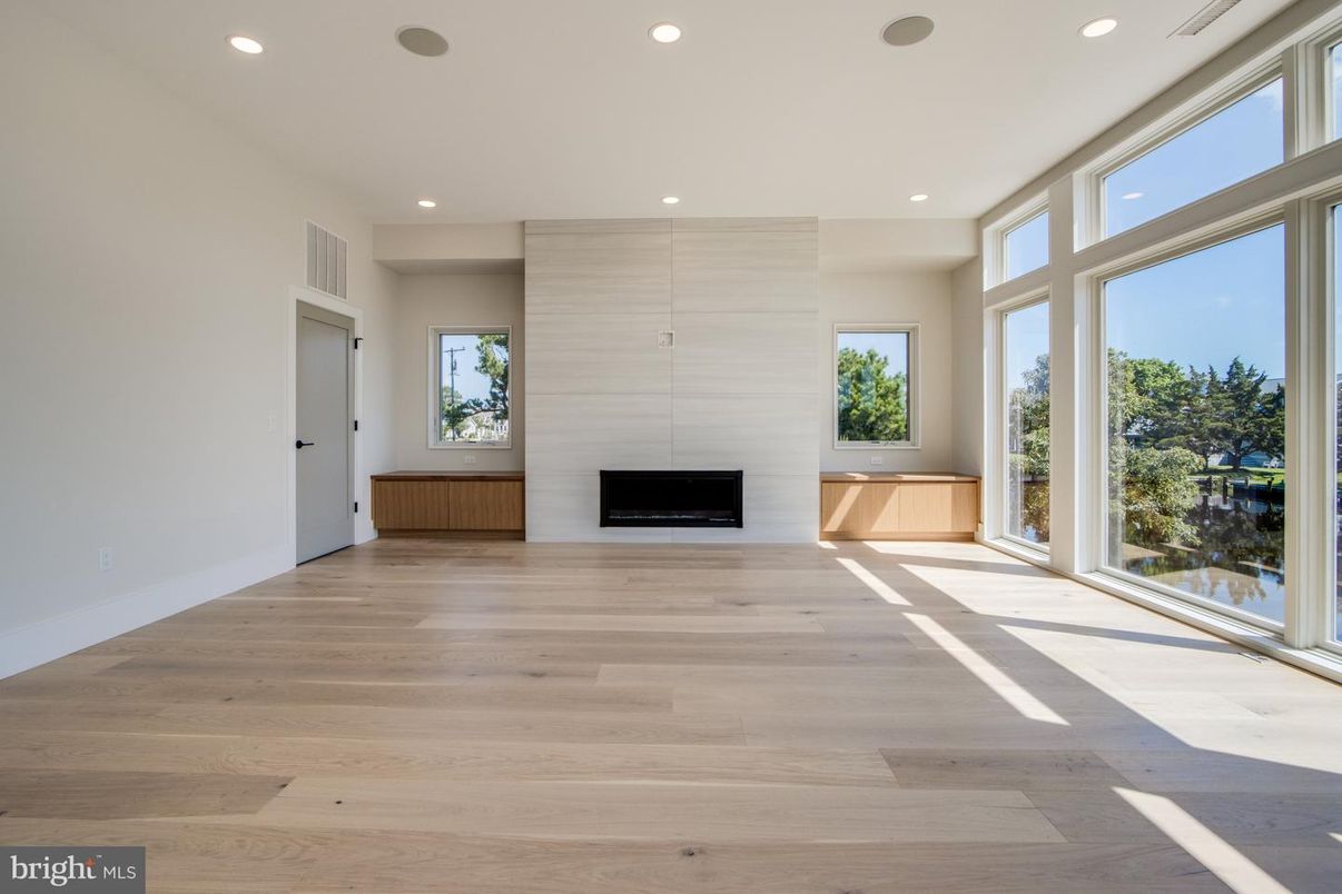 Empty room, Fireplace, Interior, Recessed Lighting, Wood Texture Flooring