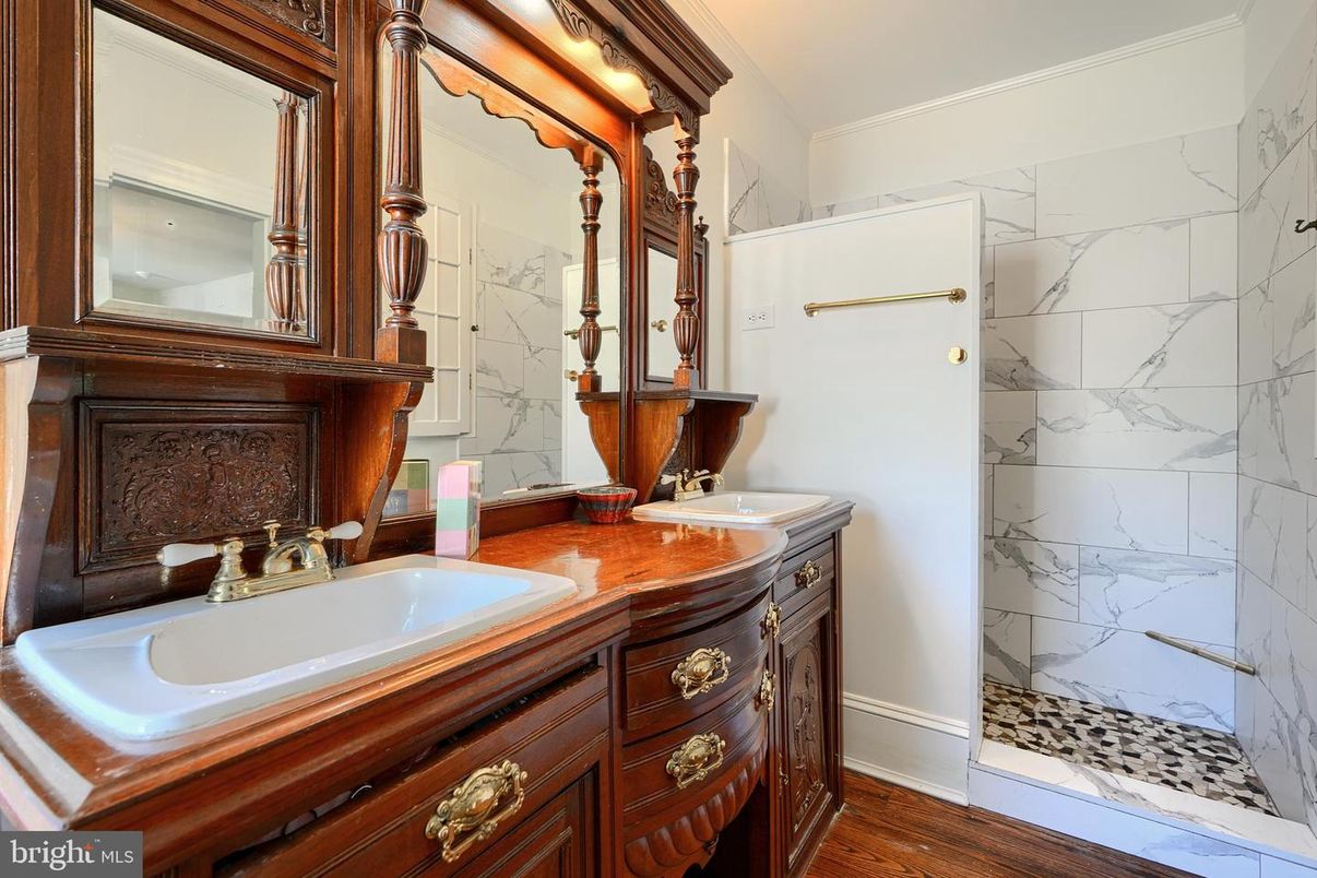 Bathroom, Interior, Marble Walls, Wood Texture Flooring