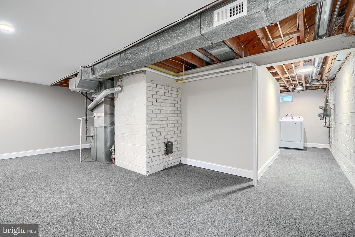 Empty room, Fireplace, Interior, Recessed Lighting, Stone Walls, Washer