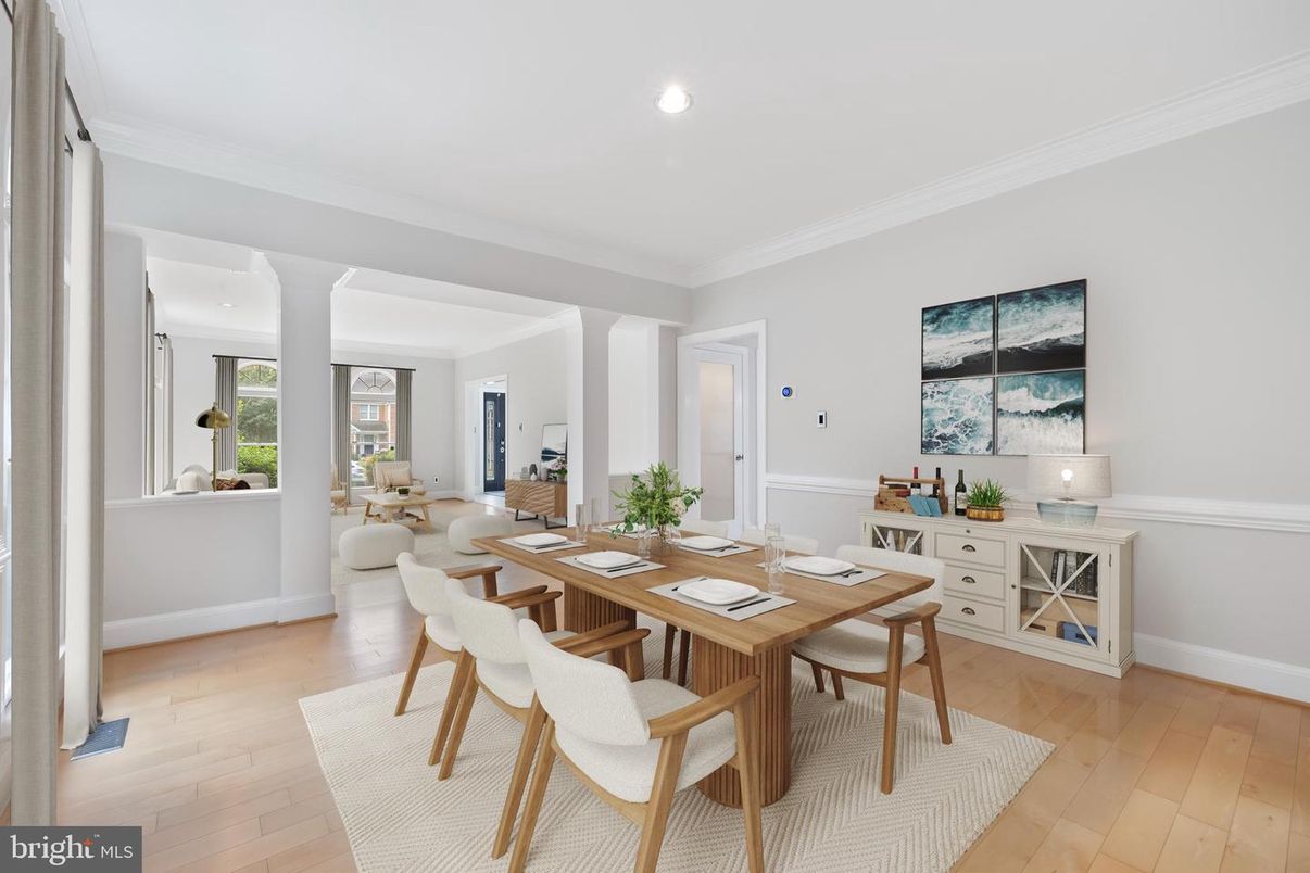 Dining room, Interior, Living room, Recessed Lighting, Wood Texture Flooring