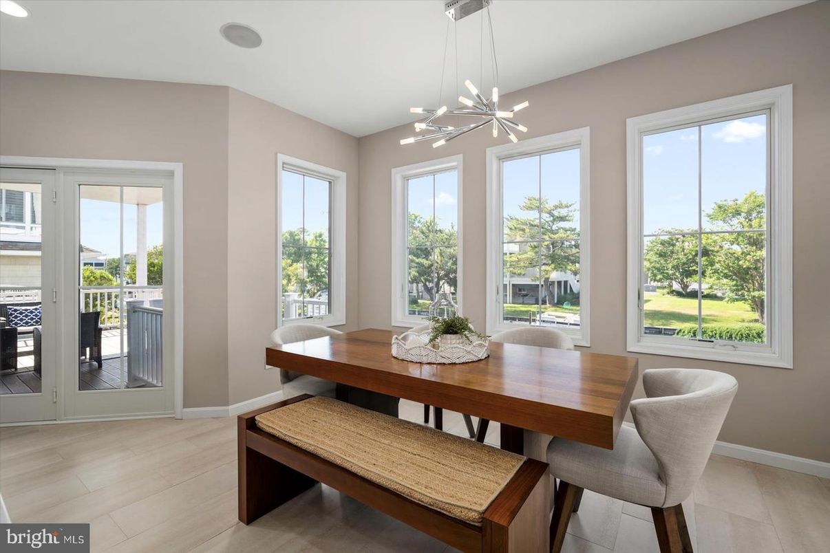 Dining room, Interior, Pendant Lights, Recessed Lighting, Wood Texture Flooring