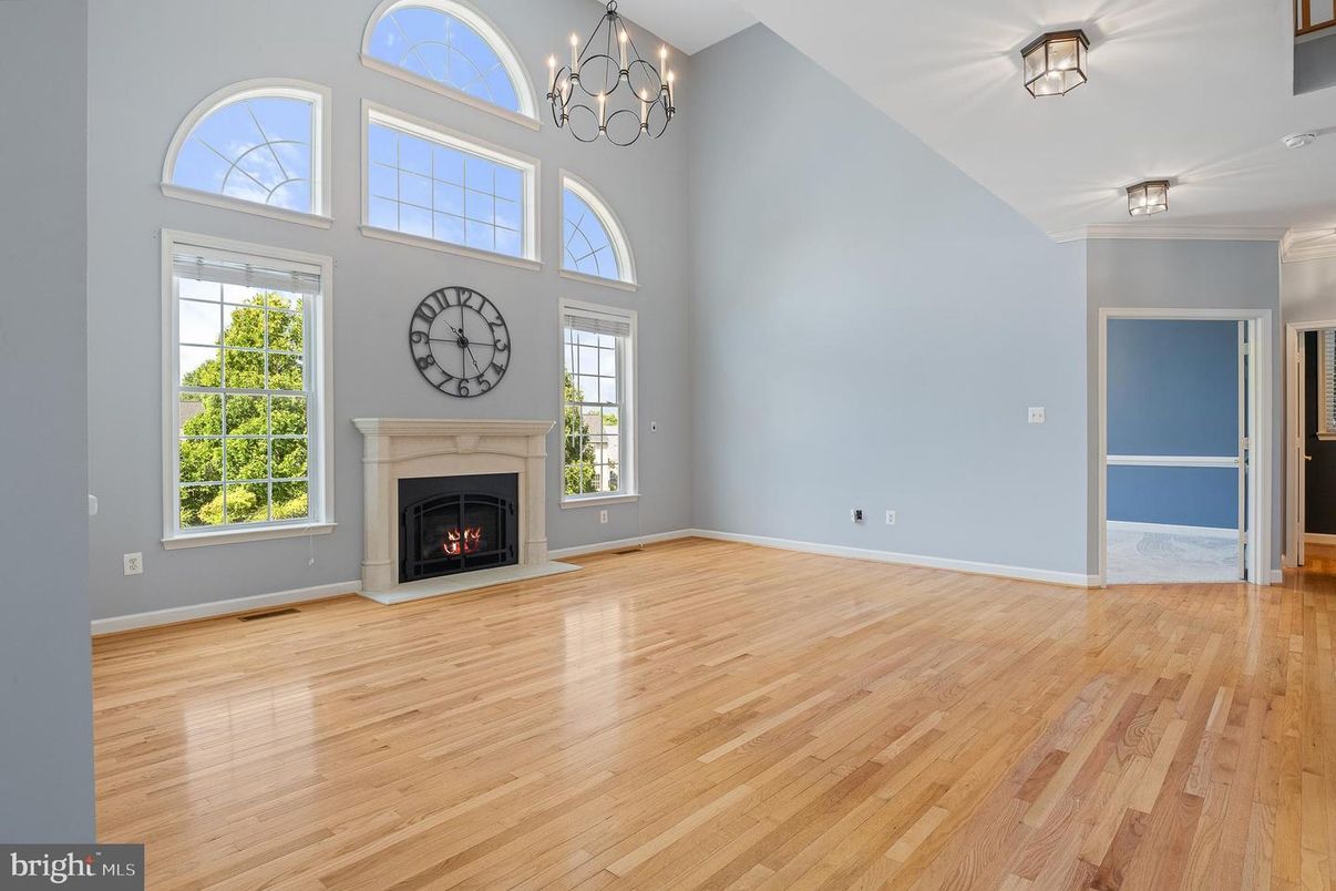 Chandelier, Empty room, Fireplace, Interior, Wood Texture Flooring