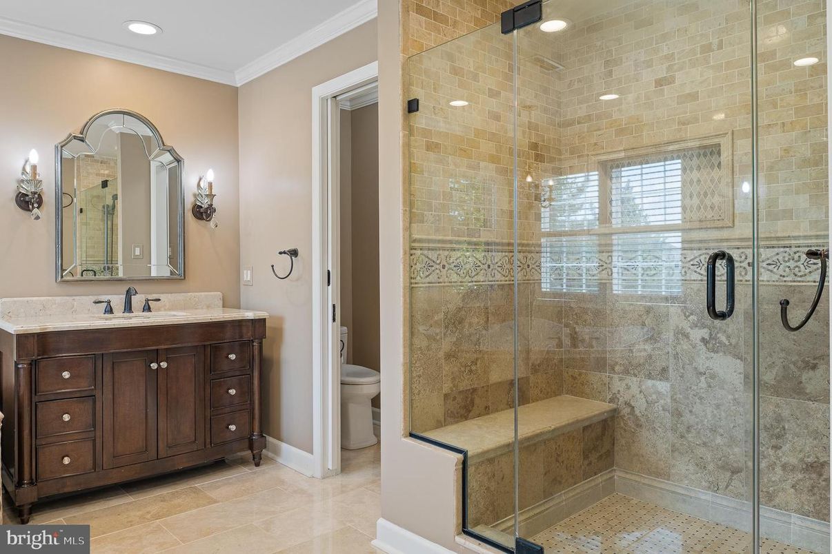 Bathroom, Glass Shower, Interior, Recessed Lighting, Stone Walls