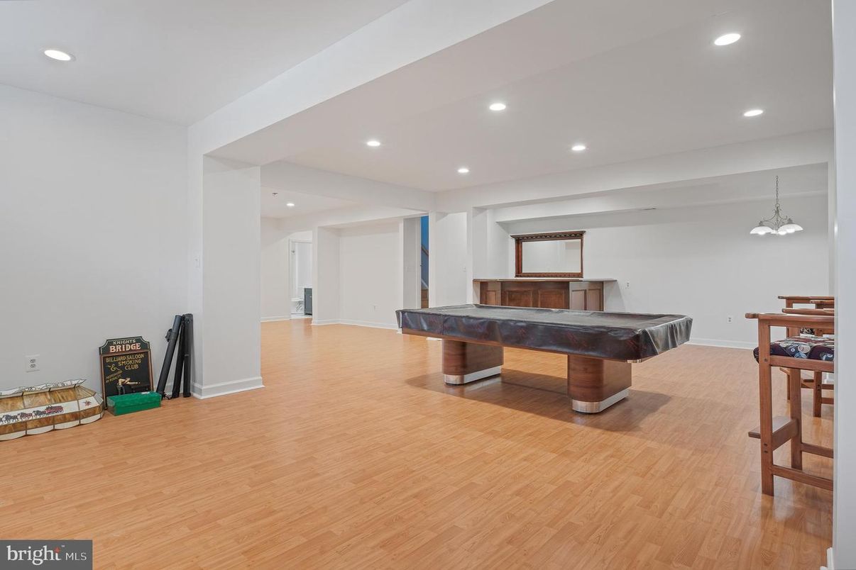 Billiard Table, Game Room, Interior, Pendant Lights, Recessed Lighting, Wood Texture Flooring