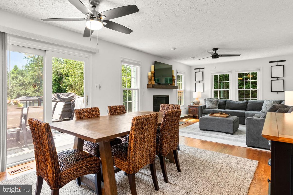 Dining room, Fireplace, Interior, Living room, Wood Texture Flooring