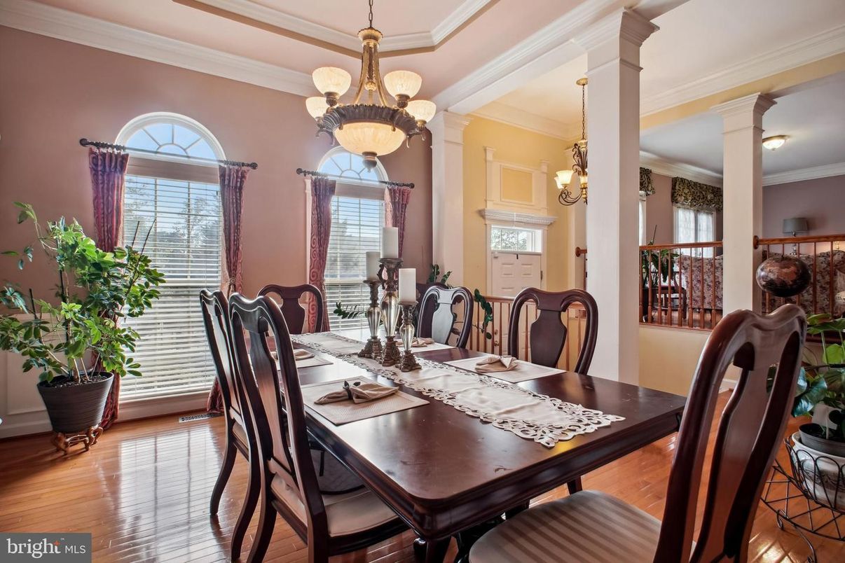 Chandelier, Dining room, Interior, Pendant Lights, Wood Texture Flooring