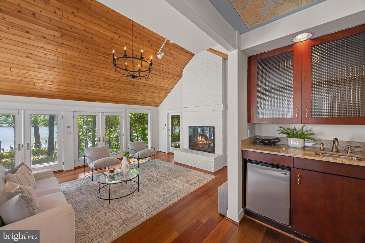 Chandelier, Fireplace, Interior, Living room, Pendant Lights, Wooden Ceilings, Wood Texture Flooring
