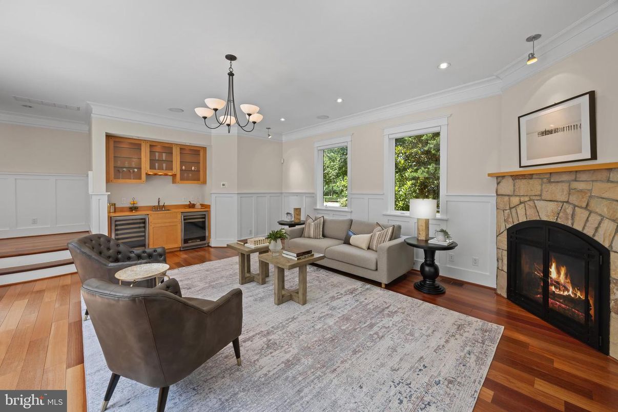 Chandelier, Fireplace, Interior, Living room, Recessed Lighting, Wood Texture Flooring