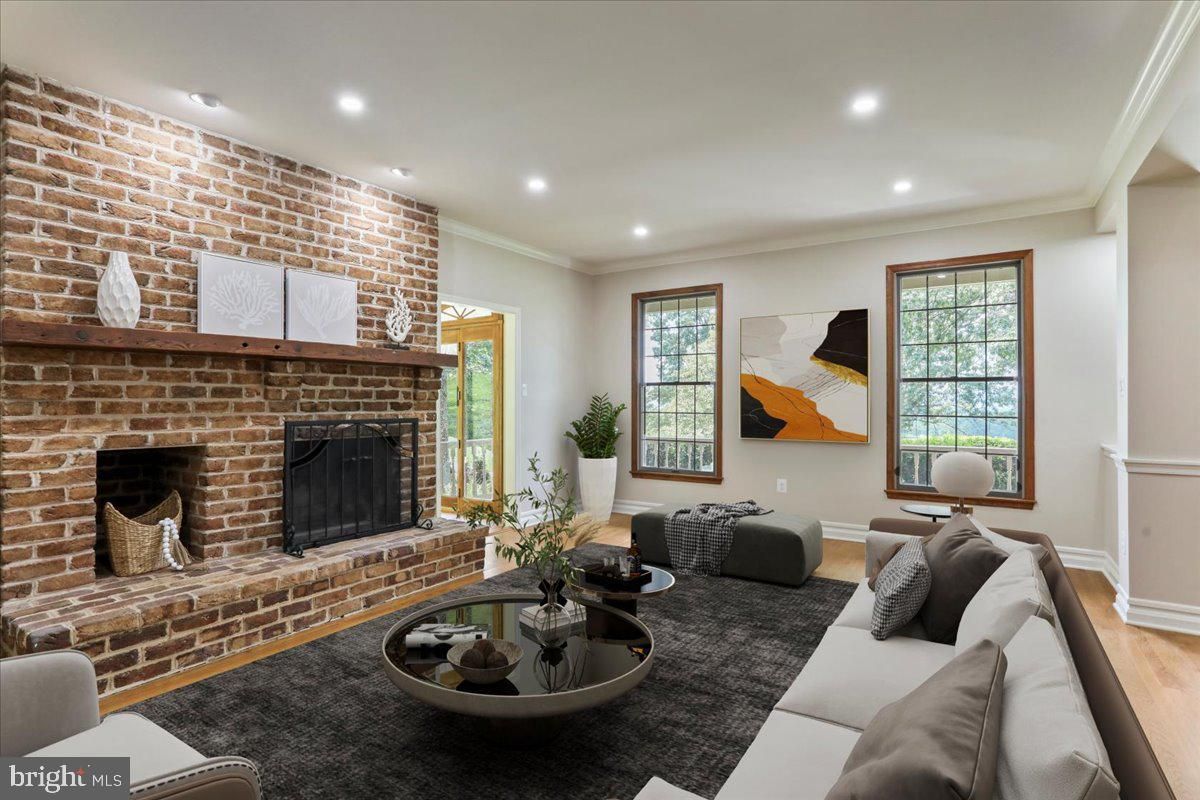 Fireplace, Interior, Living room, Recessed Lighting, Stone Walls, Wood Texture Flooring