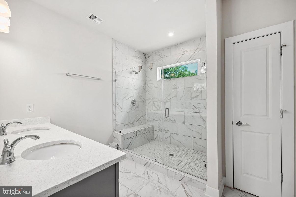 Bathroom, Glass Shower, Interior, Marble, Marble Walls, Recessed Lighting