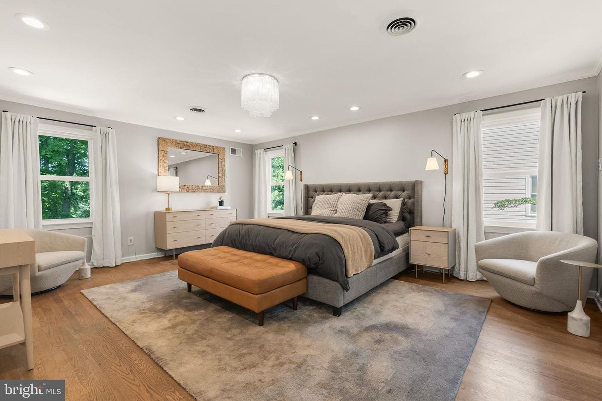 Bedroom, Chandelier, Interior, Recessed Lighting, Wood Texture Flooring