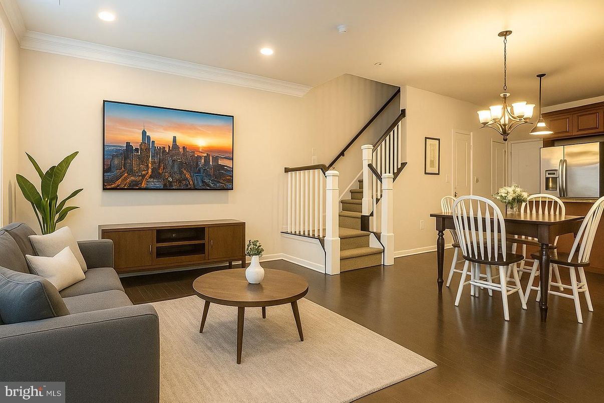 Chandelier, Dining room, Interior, Living room, Recessed Lighting, Stainless Steel Appliances, Wood Texture Flooring