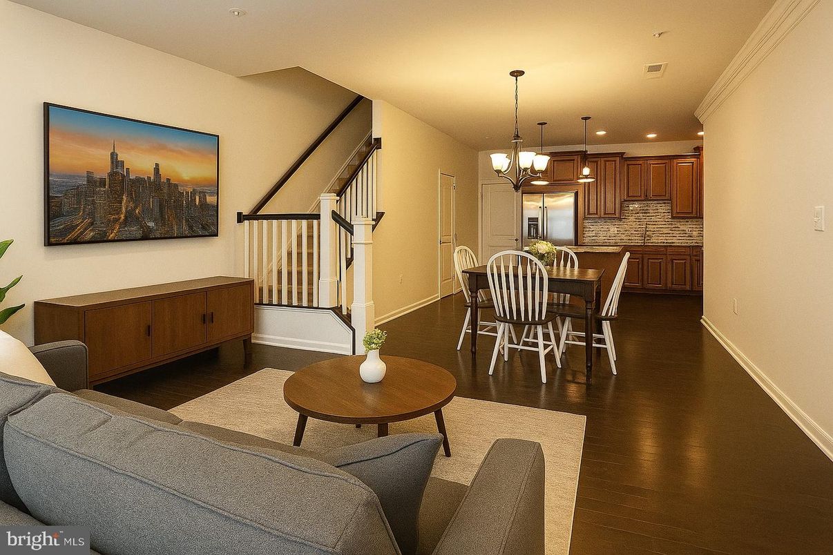 Chandelier, Dining room, Interior, Kitchen, Pendant Lights, Recessed Lighting, Stainless Steel Appliances, Wood Texture Flooring