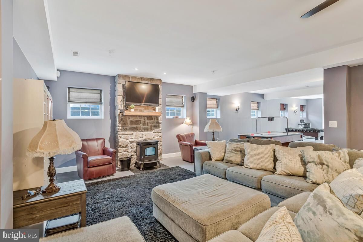 Fireplace, Interior, Living room, Recessed Lighting, Stone Walls