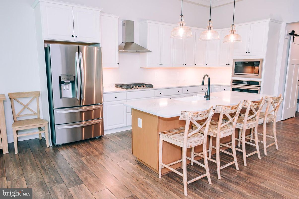 Interior, Kitchen, Pendant Lights, Stainless Steel Appliances, Wood Texture Flooring