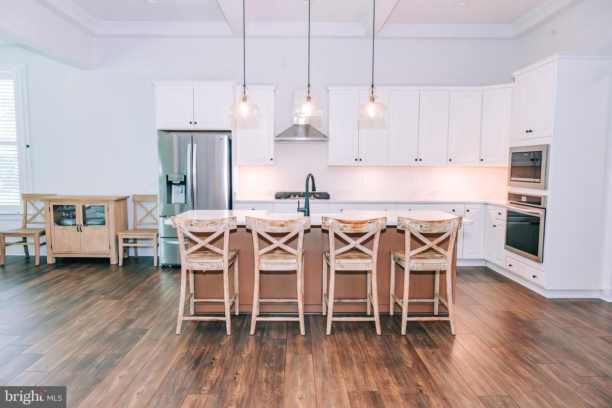Interior, Kitchen, Pendant Lights, Recessed Lighting, Stainless Steel Appliances, Wood Texture Flooring