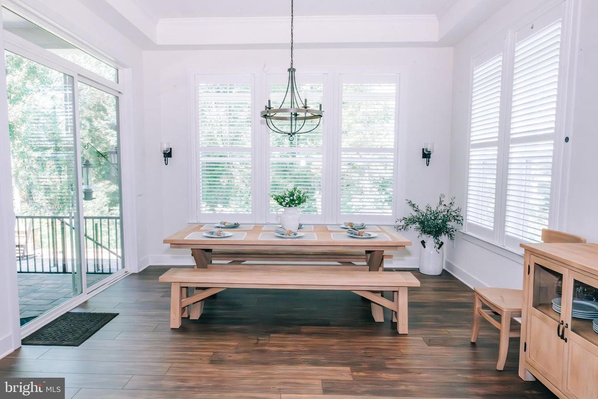 Chandelier, Dining room, Interior, Wood Texture Flooring