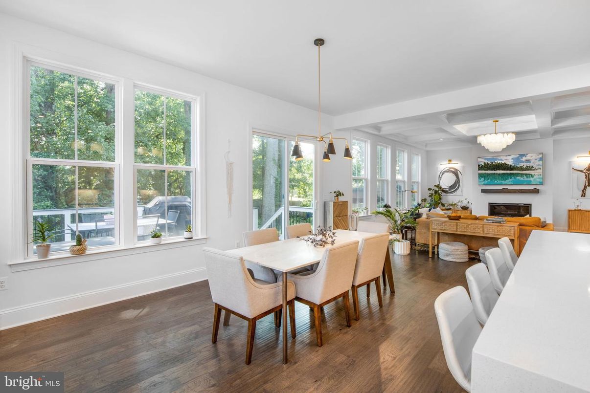 Chandelier, Dining room, Fireplace, Interior, Living room, Pendant Lights, Wood Texture Flooring