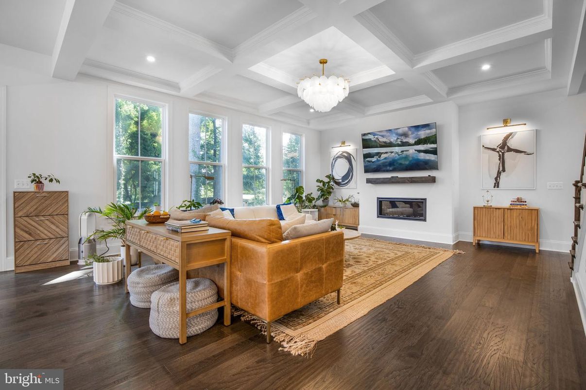 Chandelier, Fireplace, Home Office, Interior, Living room, Recessed Lighting, Wood Texture Flooring