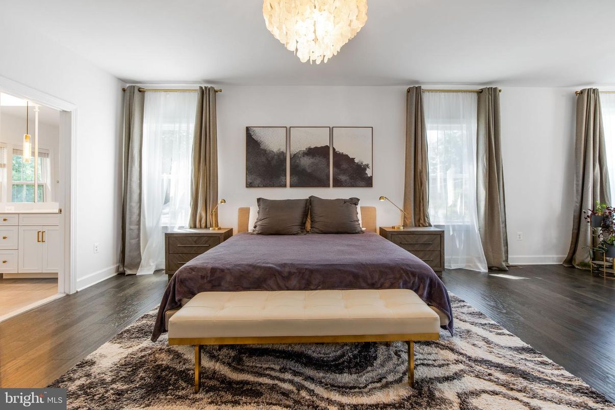 Bedroom, Chandelier, Interior, Wood Texture Flooring