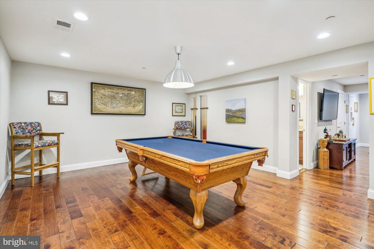 Billiard Table, Game Room, Interior, Pendant Lights, Recessed Lighting, Wood Texture Flooring