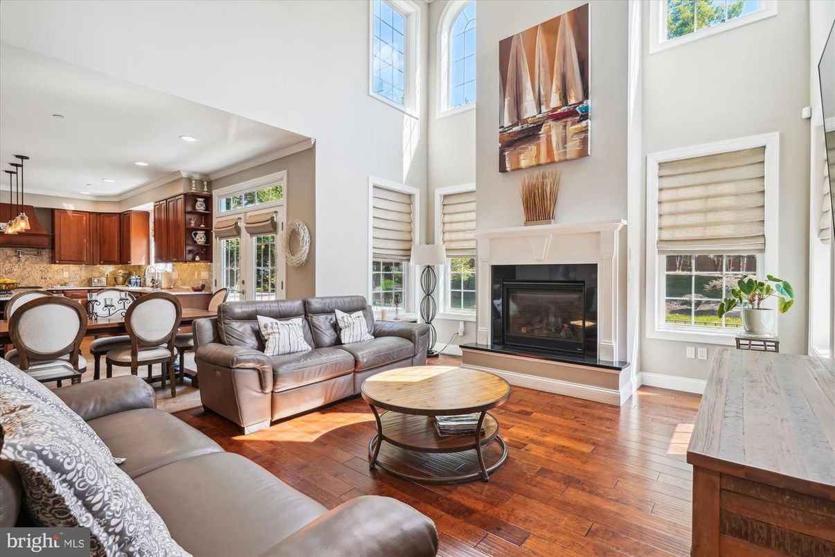 Dining room, Fireplace, Interior, Kitchen, Living room, Pendant Lights, Recessed Lighting, Wood Texture Flooring
