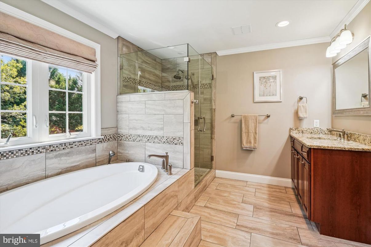 Bathroom, Glass Shower, Interior, Recessed Lighting, Wood Texture Flooring