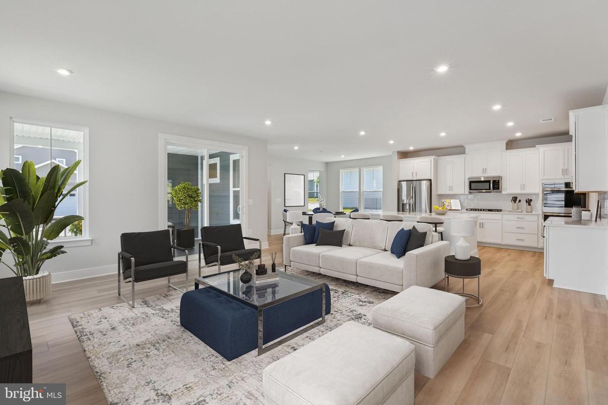Dining room, Interior, Kitchen, Living room, Recessed Lighting, Stainless Steel Appliances, Wood Texture Flooring