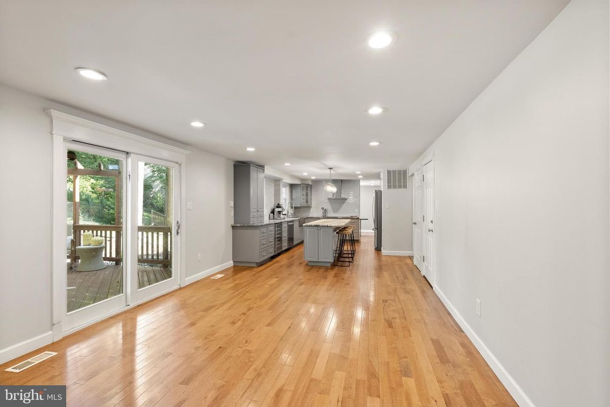 Empty room, Interior, Kitchen, Pendant Lights, Recessed Lighting, Wood Texture Flooring