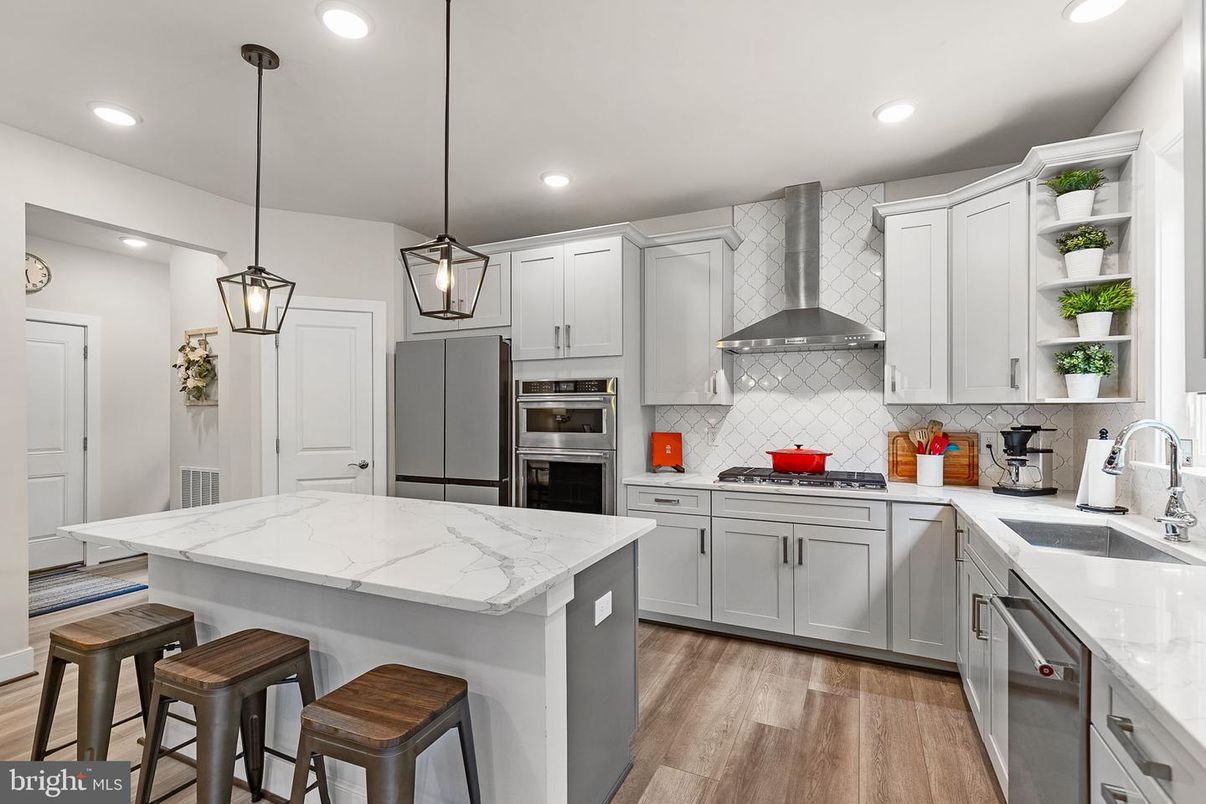 Interior, Kitchen, Pendant Lights, Recessed Lighting, Stainless Steel Appliances, Wood Texture Flooring