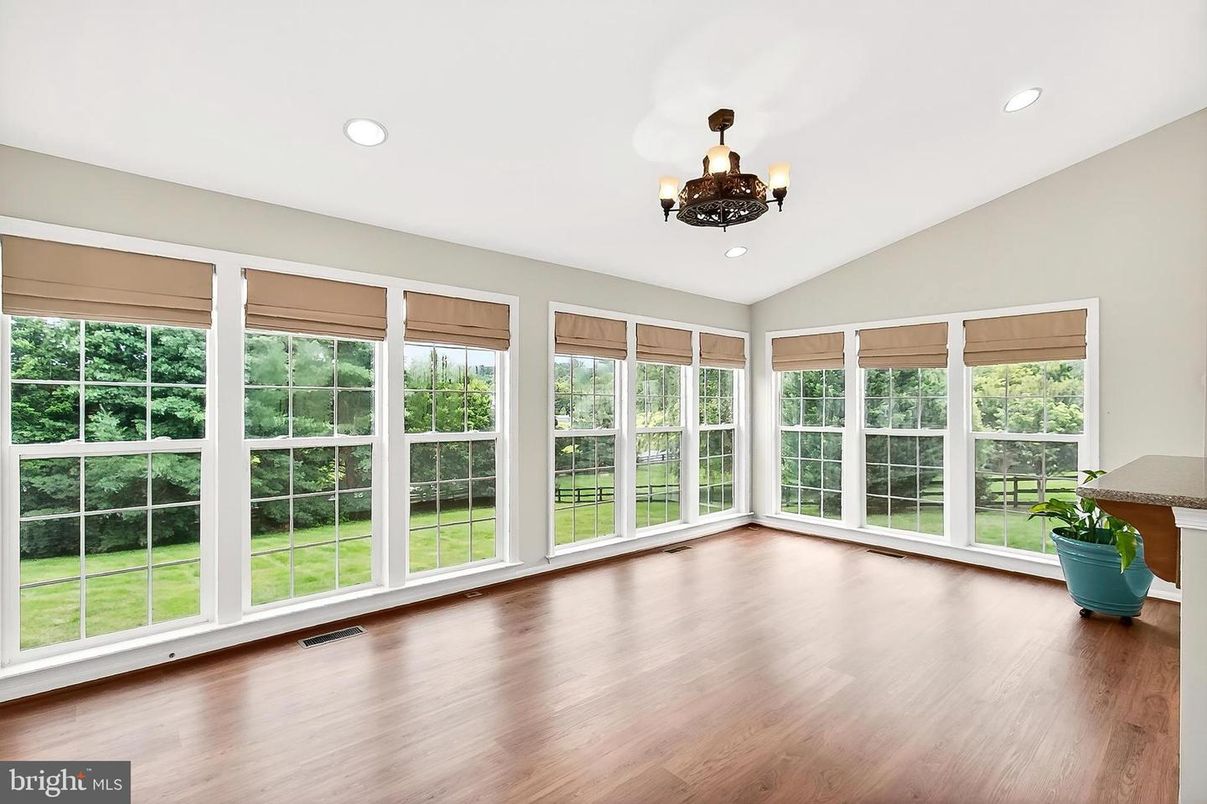 Chandelier, Empty room, Interior, Recessed Lighting, Sun Room, Wood Texture Flooring