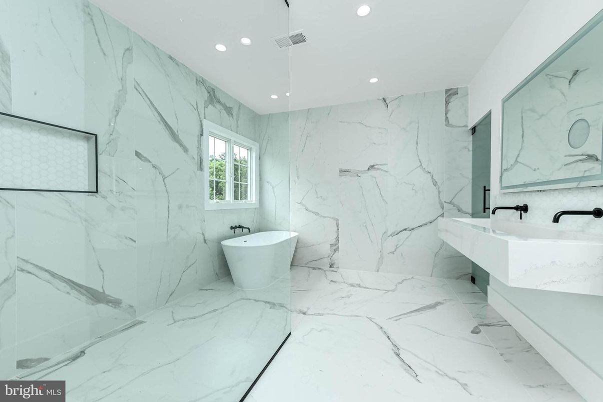 Bathroom, Free Standing Baths, Interior, Marble, Marble Walls, Recessed Lighting