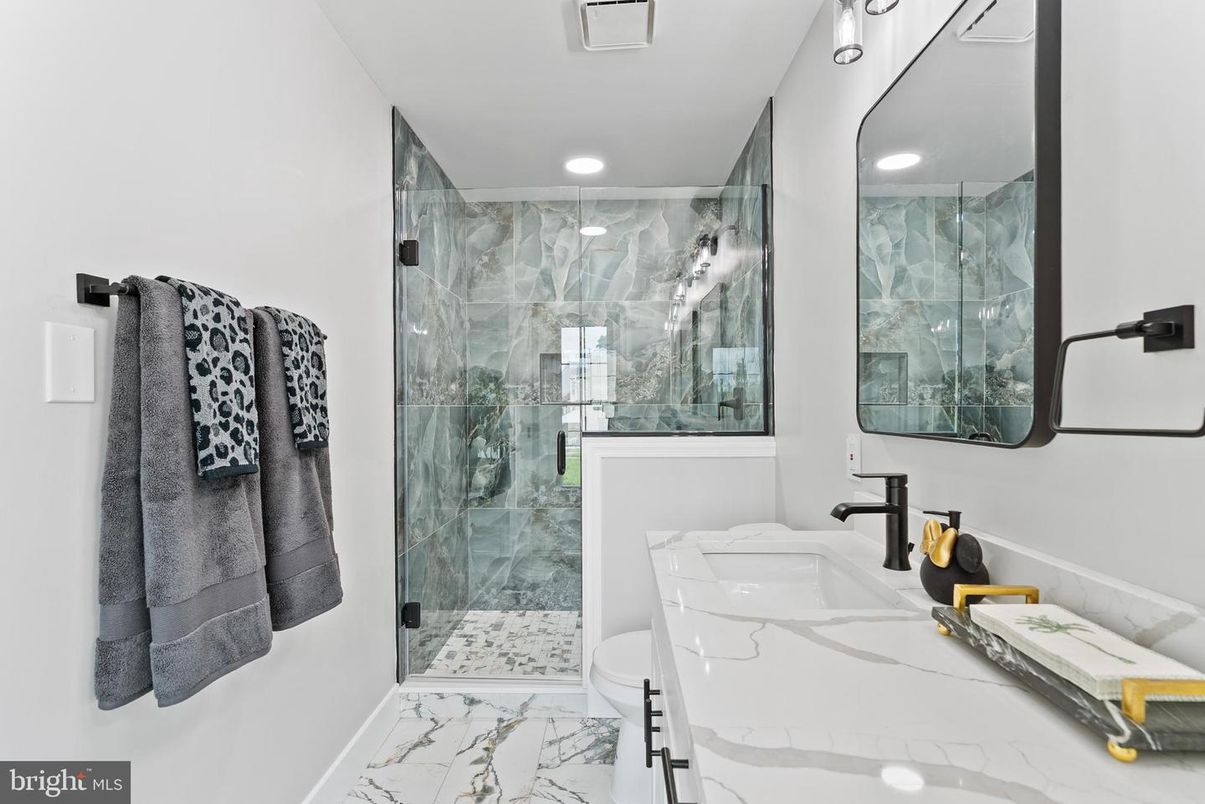 Bathroom, Glass Shower, Interior, Marble, Marble Walls, Recessed Lighting