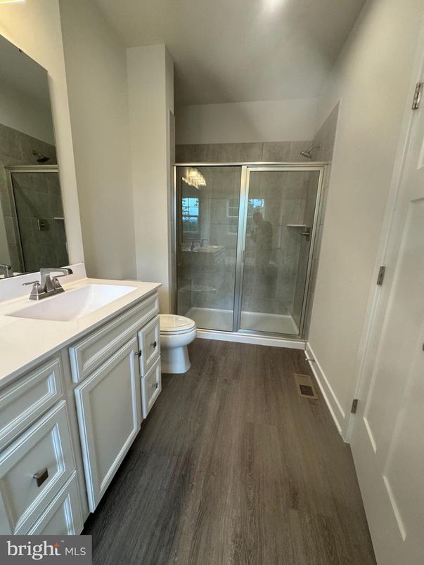 Bathroom, Glass Shower, Interior, Wood Texture Flooring