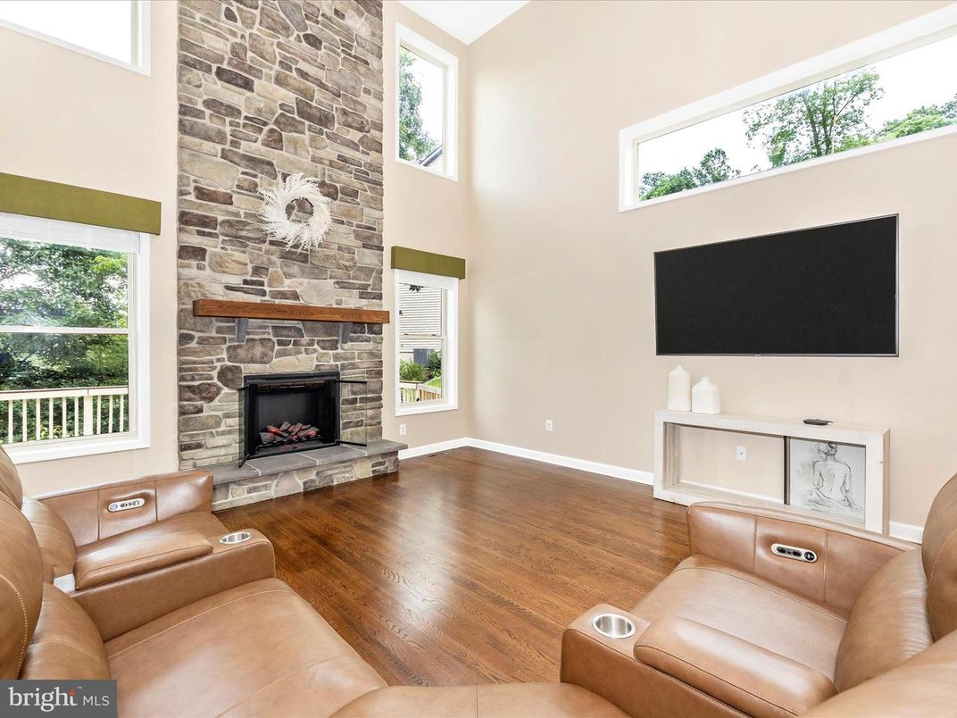 Home Theatre Room, Fireplace, Interior, Living room, Stone Walls, Wood Texture Flooring