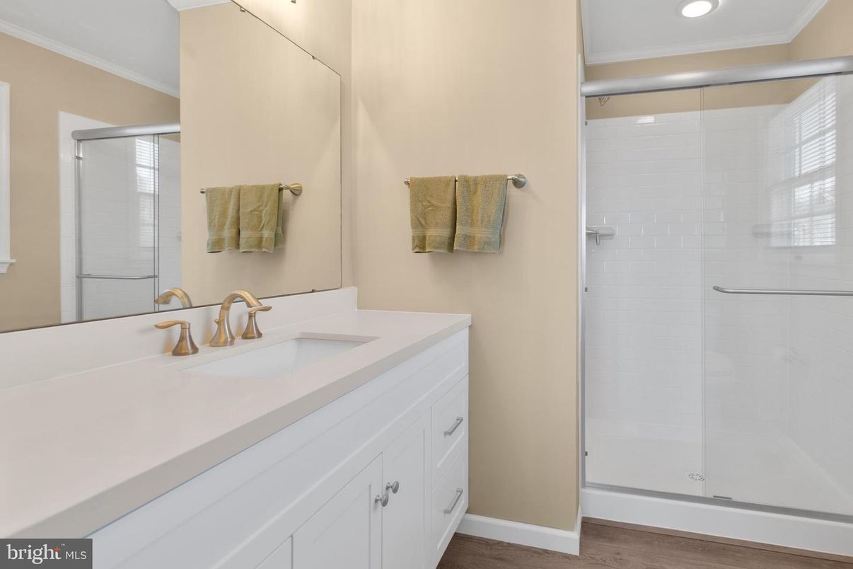 Bathroom, Glass Shower, Interior, Recessed Lighting, Wood Texture Flooring