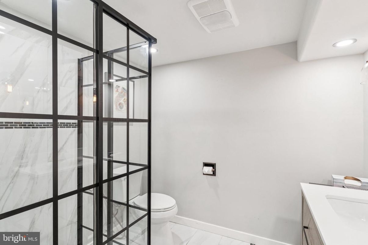 Bathroom, Glass Shower, Interior, Marble, Marble Walls, Recessed Lighting
