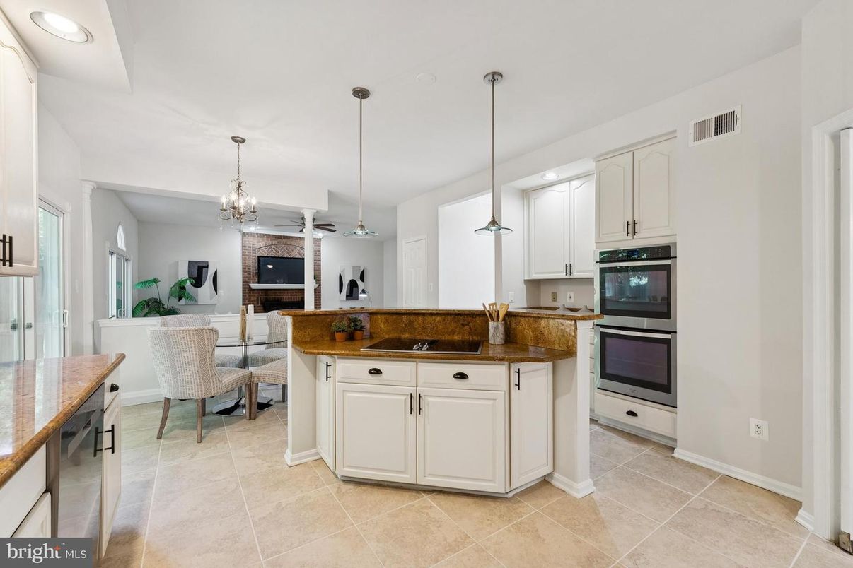 Chandelier, Dining room, Fireplace, Interior, Kitchen, Pendant Lights, Recessed Lighting