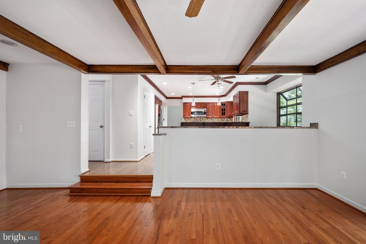 Empty room, Interior, Kitchen, Recessed Lighting, Wooden Beams, Wood Texture Flooring