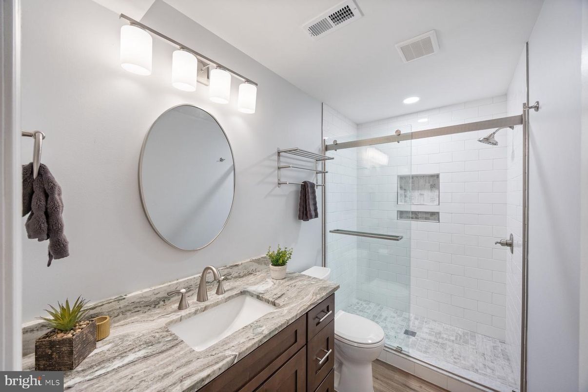 Bathroom, Glass Shower, Interior, Recessed Lighting, Wood Texture Flooring
