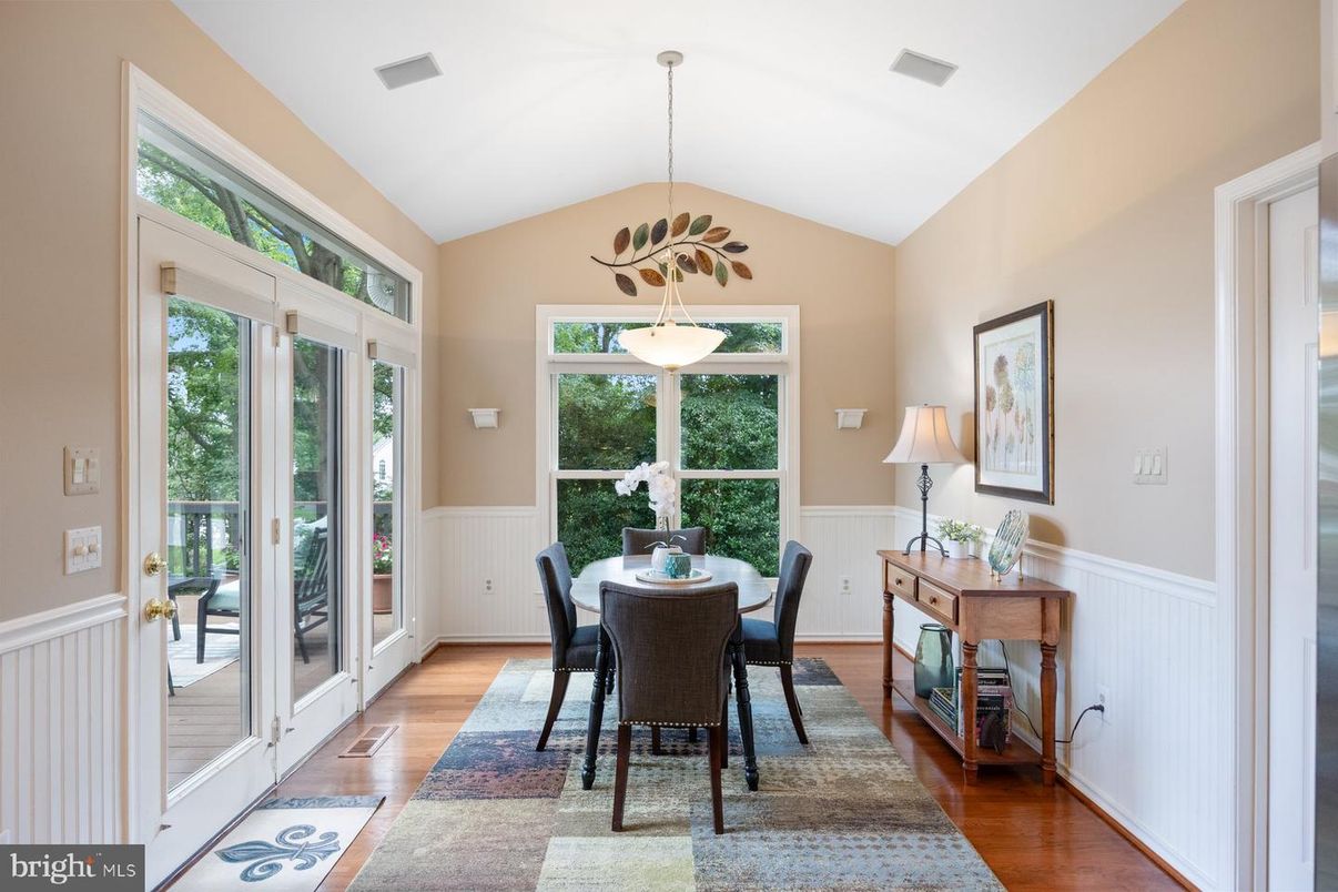 Dining room, Interior, Pendant Lights, Wood Texture Flooring