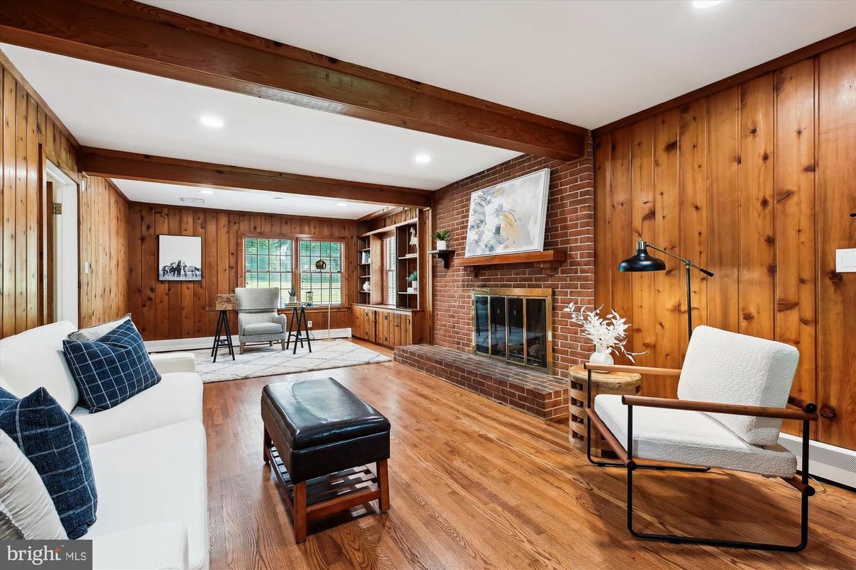 Fireplace, Interior, Recessed Lighting, Stone Walls, Wooden Beams, Wood Texture Flooring, Wooden Walls