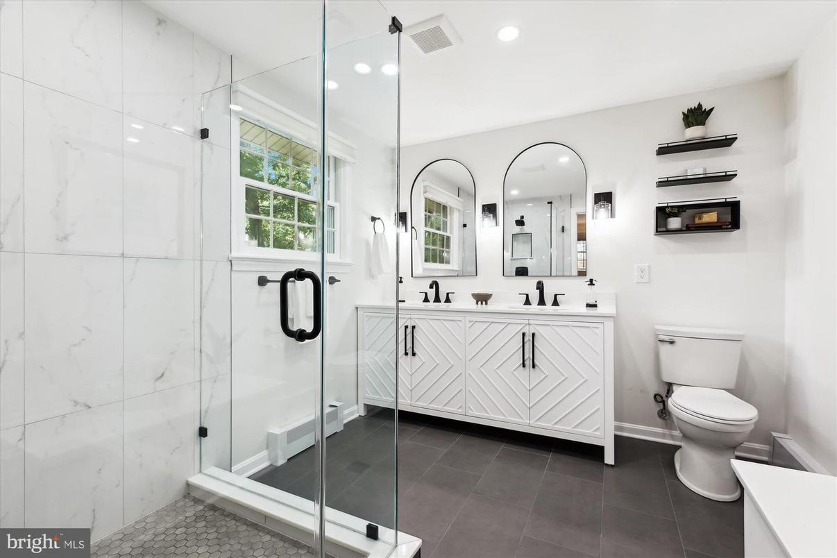 Bathroom, Dual Sink Vanities, Glass Shower, Interior, Marble Walls, Recessed Lighting