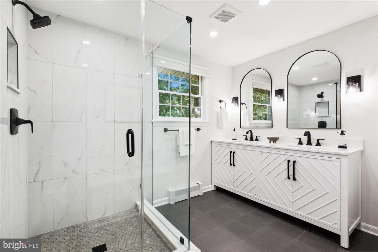 Bathroom, Dual Sink Vanities, Glass Shower, Interior, Marble Walls, Recessed Lighting