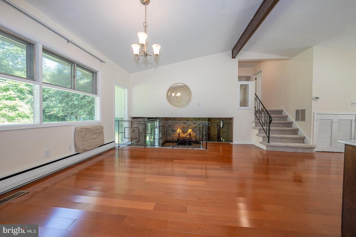 Chandelier, Empty room, Fireplace, Interior, Pendant Lights, Wood Texture Flooring