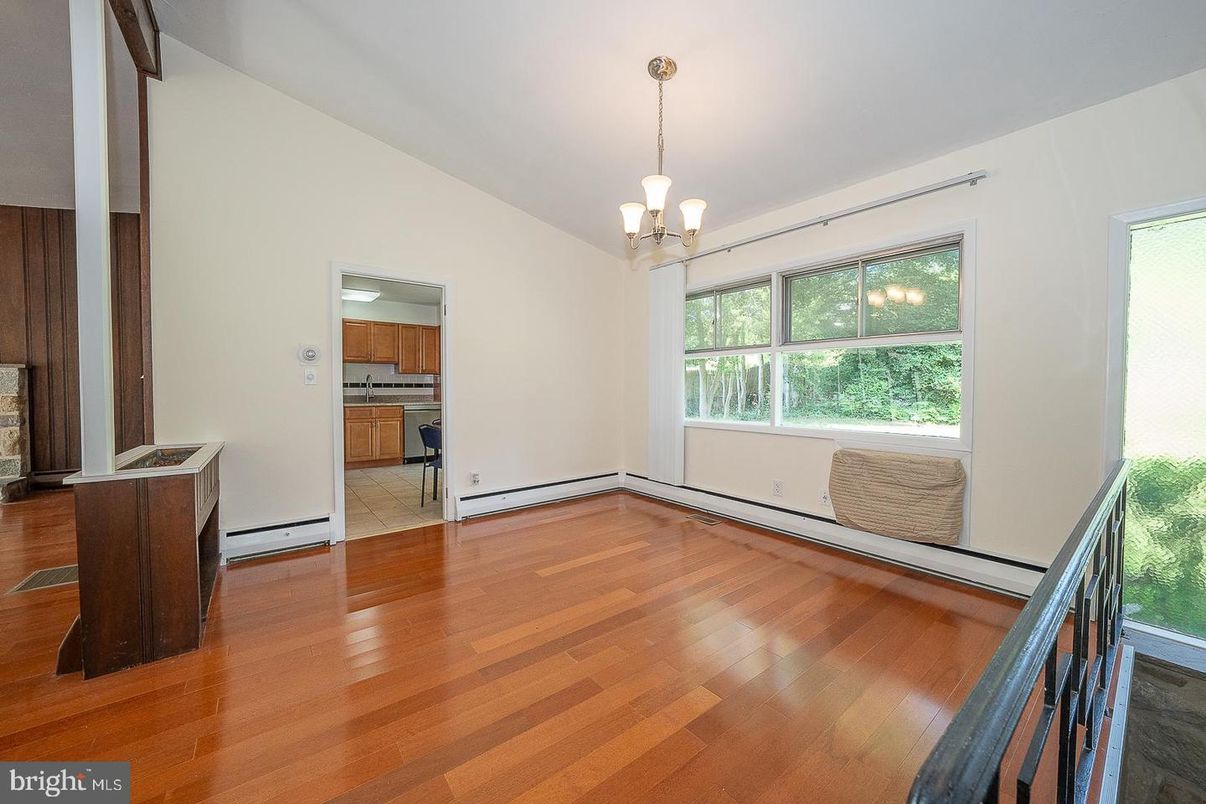 Chandelier, Empty room, Interior, Kitchen, Pendant Lights, Wood Texture Flooring