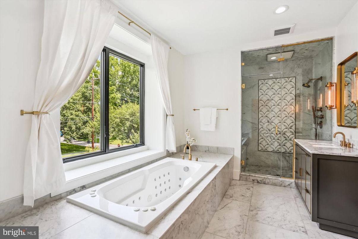 Bathroom, Glass Shower, Interior, Marble, Marble Walls, Recessed Lighting