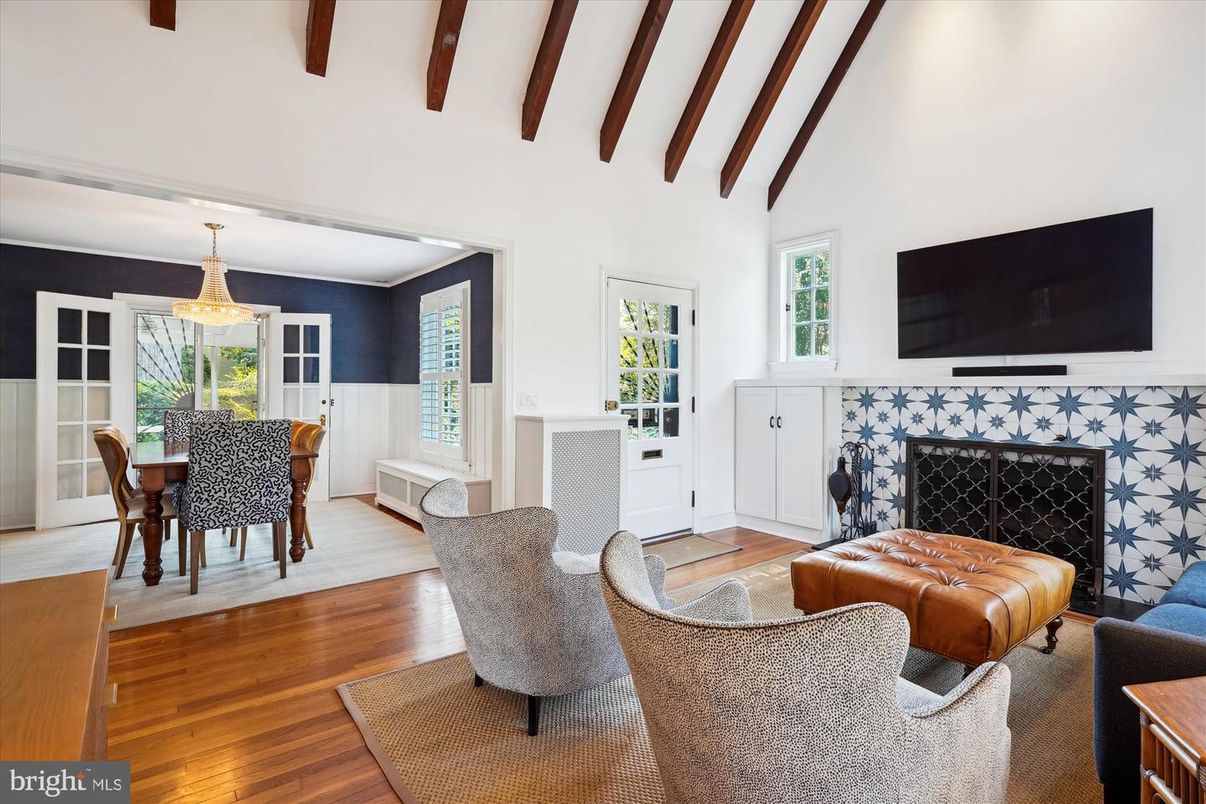 Dining room, Fireplace, Interior, Living room, Wooden Beams, Wood Texture Flooring