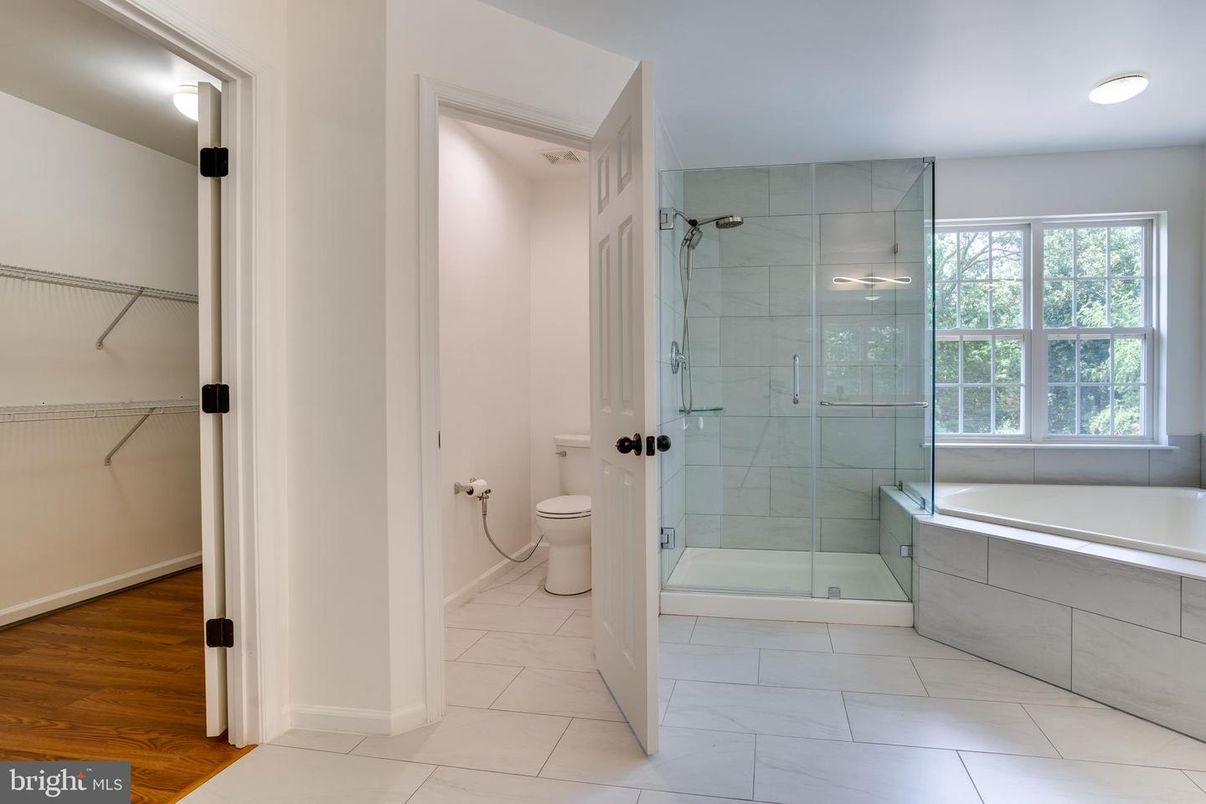 Bathroom, Glass Shower, Interior, Marble, Recessed Lighting, Wood Texture Flooring